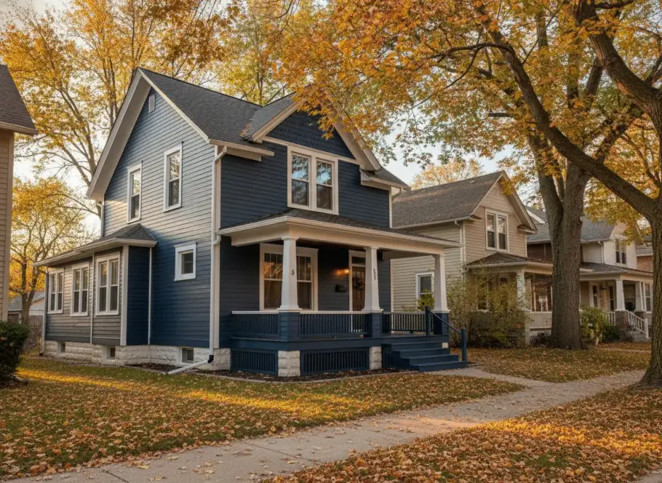 A wood-frame cottage with navy clapboard siding and a white porch on an autumn street