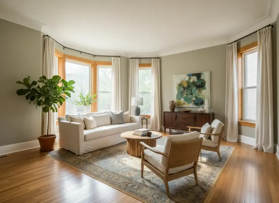 A bright living room with grey-green walls, white trim and oak bay windows