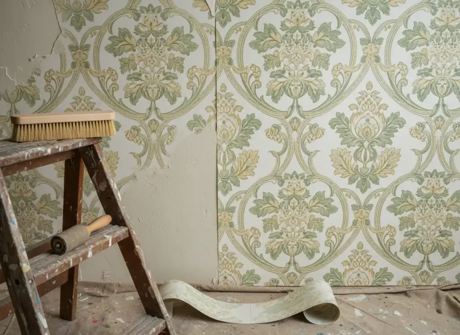 Damask wallpaper with a matched seam beside a step ladder holding a smoothing brush